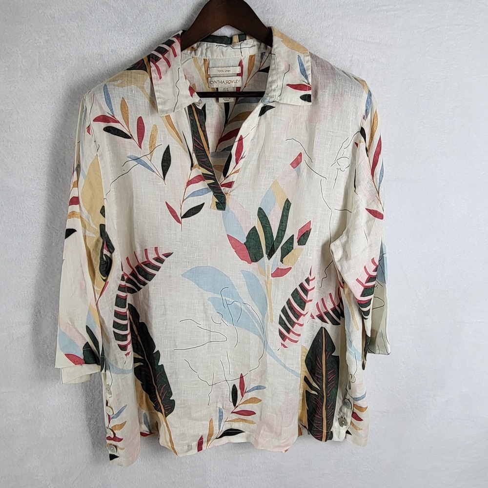 Cynthia Rowley Tunic‎ Shirt Popover Womens  PLus 1X White Linen Button Tropical